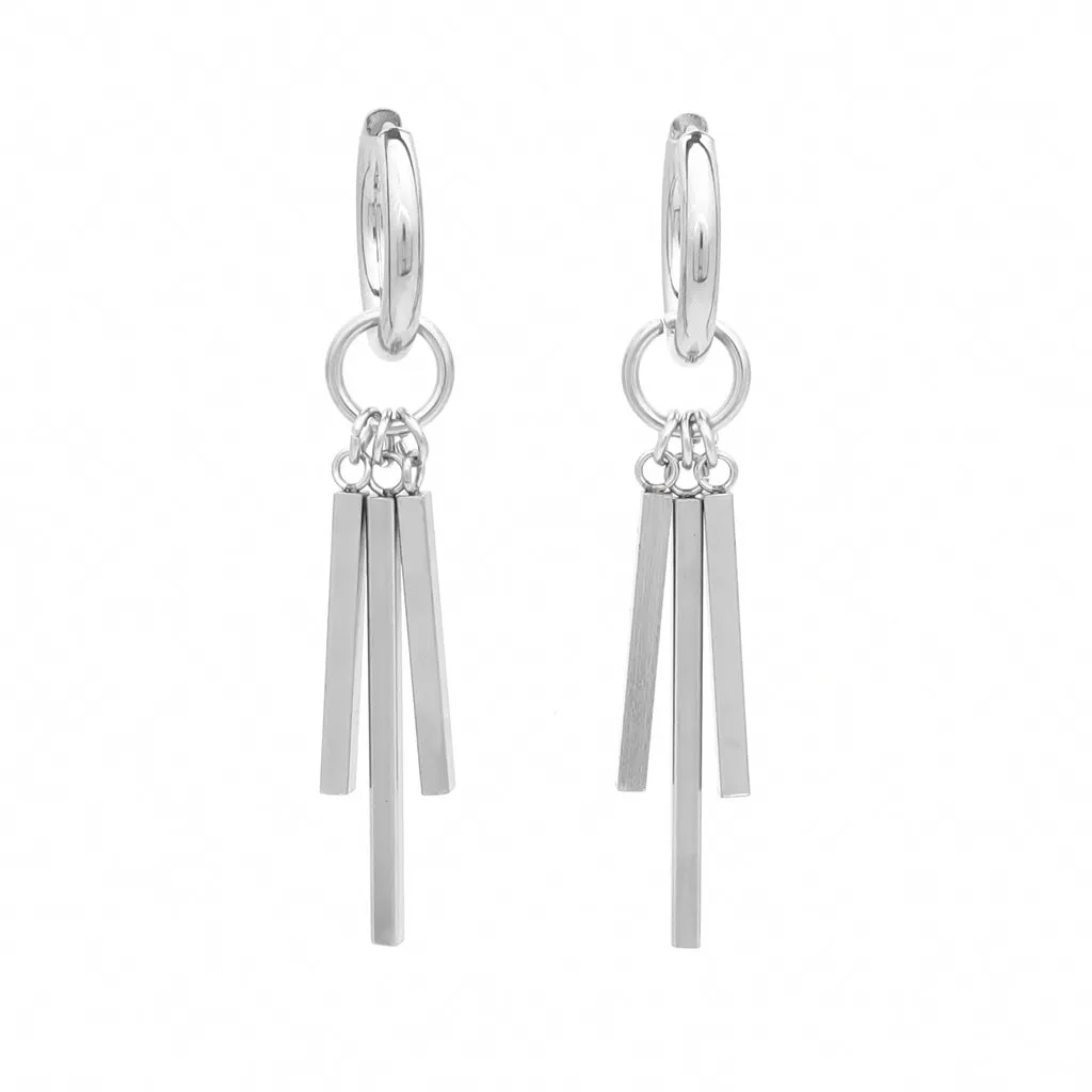 Stainless Steel 3 Drop Bars Huggie Hoop Earrings - Silver