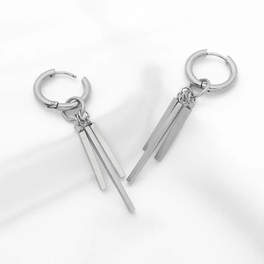 Stainless Steel 3 Drop Bars Huggie Hoop Earrings - Silver