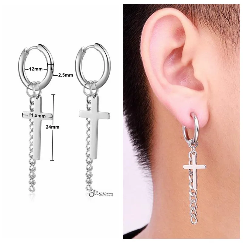 Stainless Steel Drop Cross with Chain Huggie Hoop Earrings - Silver