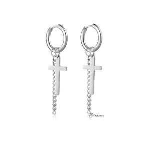 Stainless Steel Drop Cross with Chain Huggie Hoop Earrings - Silver