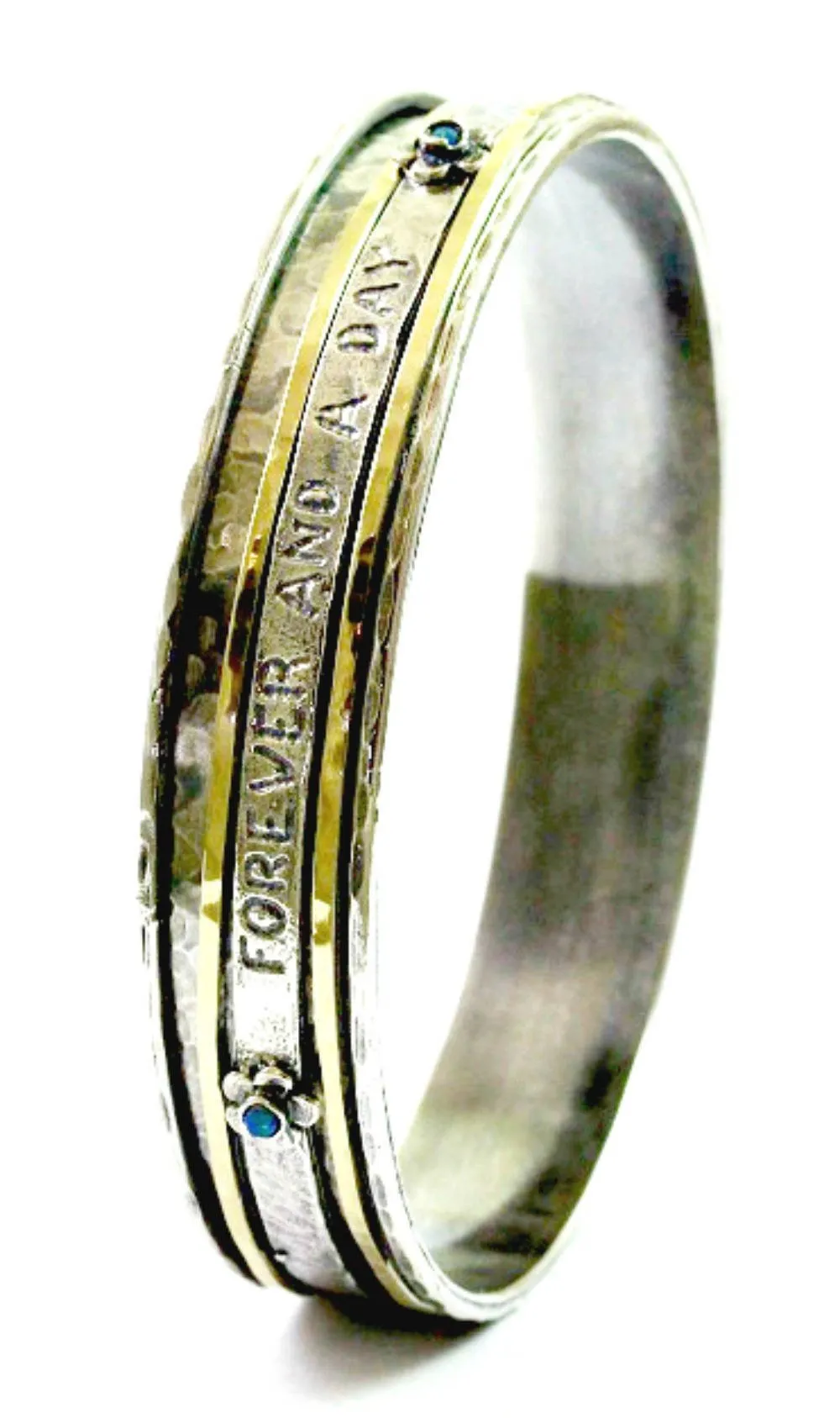 Sterling Silver and Gold Spinner Bangles, Spinning bracelet with a message.  Forever and a Day.