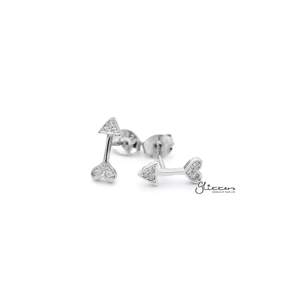 Sterling Silver Arrow and Heart with C.Z Paved Women's Stud Earrings