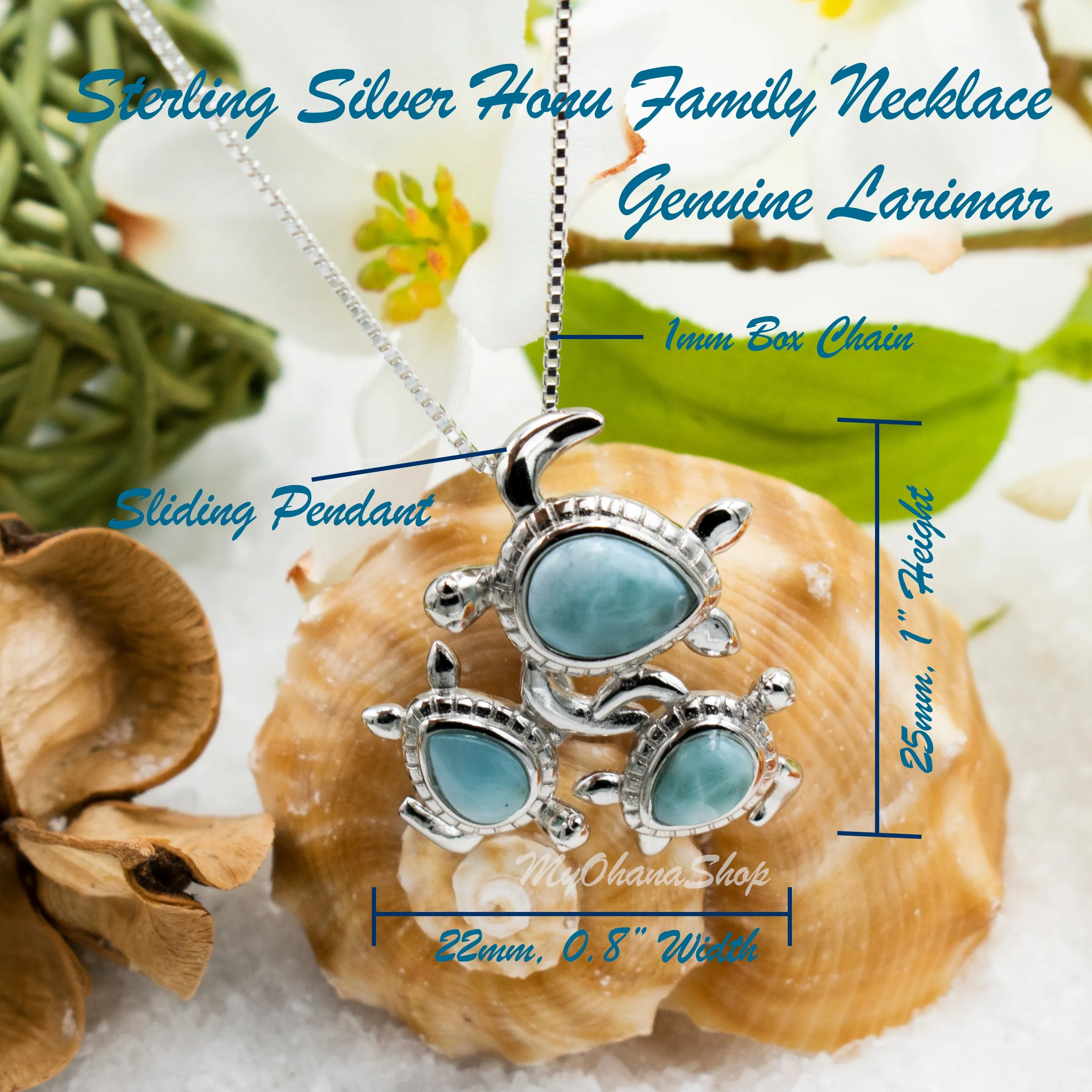 Sterling Silver Sea Turtles Necklace. Genuine Larimar Hawaiian Green Turtle Ohana, Family Necklace. Sea Life Jewelry Gift For Mom & Daughter