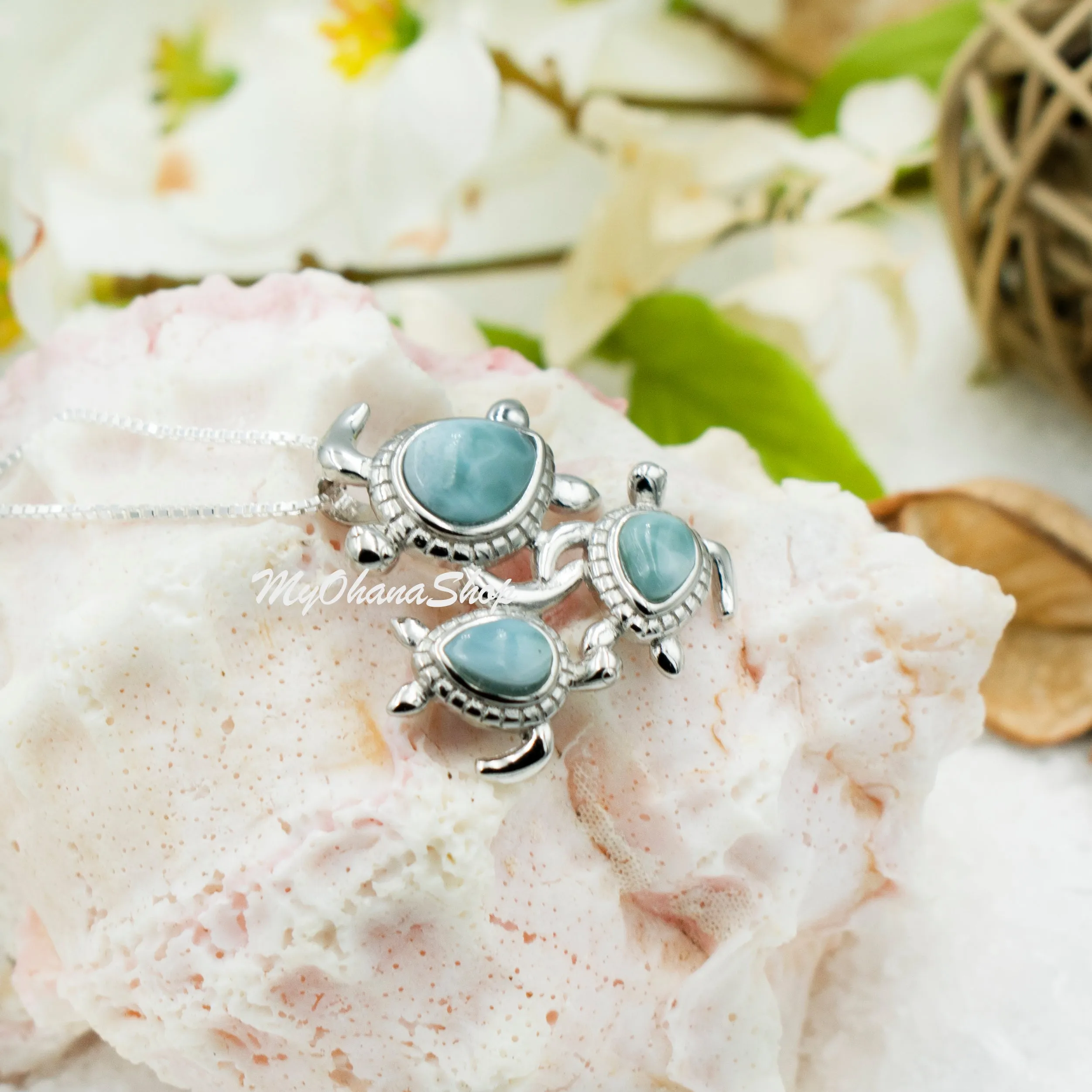 Sterling Silver Sea Turtles Necklace. Genuine Larimar Hawaiian Green Turtle Ohana, Family Necklace. Sea Life Jewelry Gift For Mom & Daughter