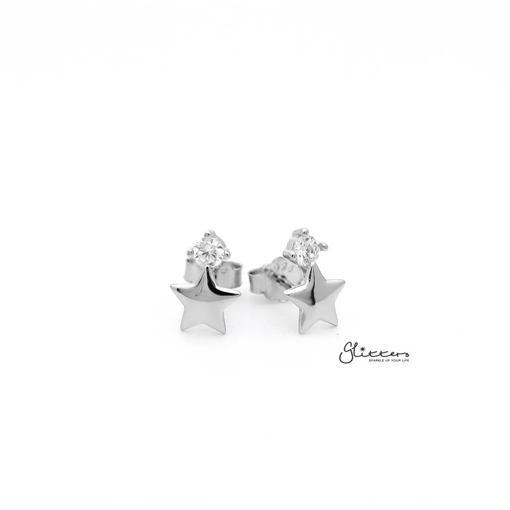 Sterling Silver Star with Prong Set C.Z Women's Stud Earrings