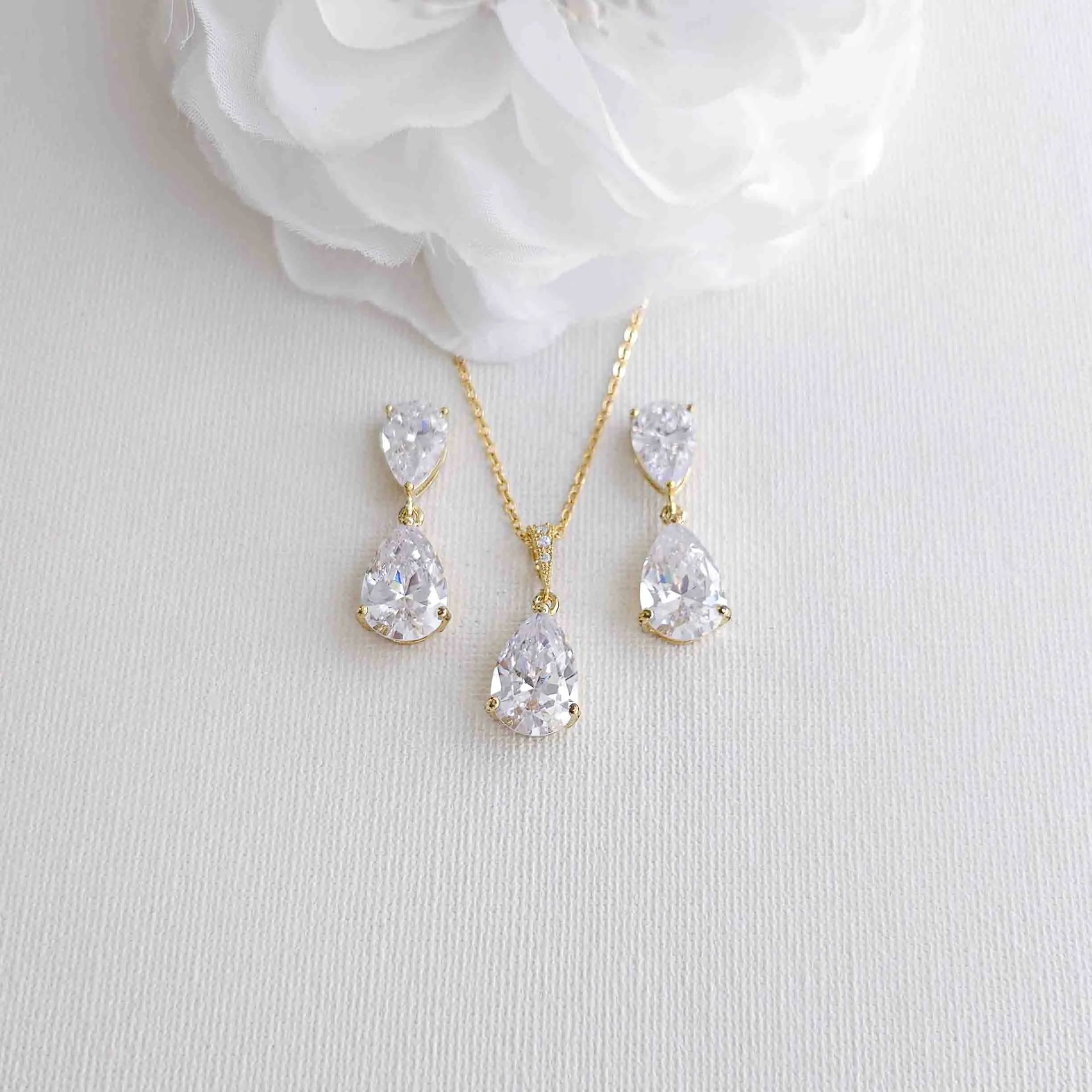 Teardrop Cubic Zirconia Wedding Jewelry Set in Rose Gold- Clara