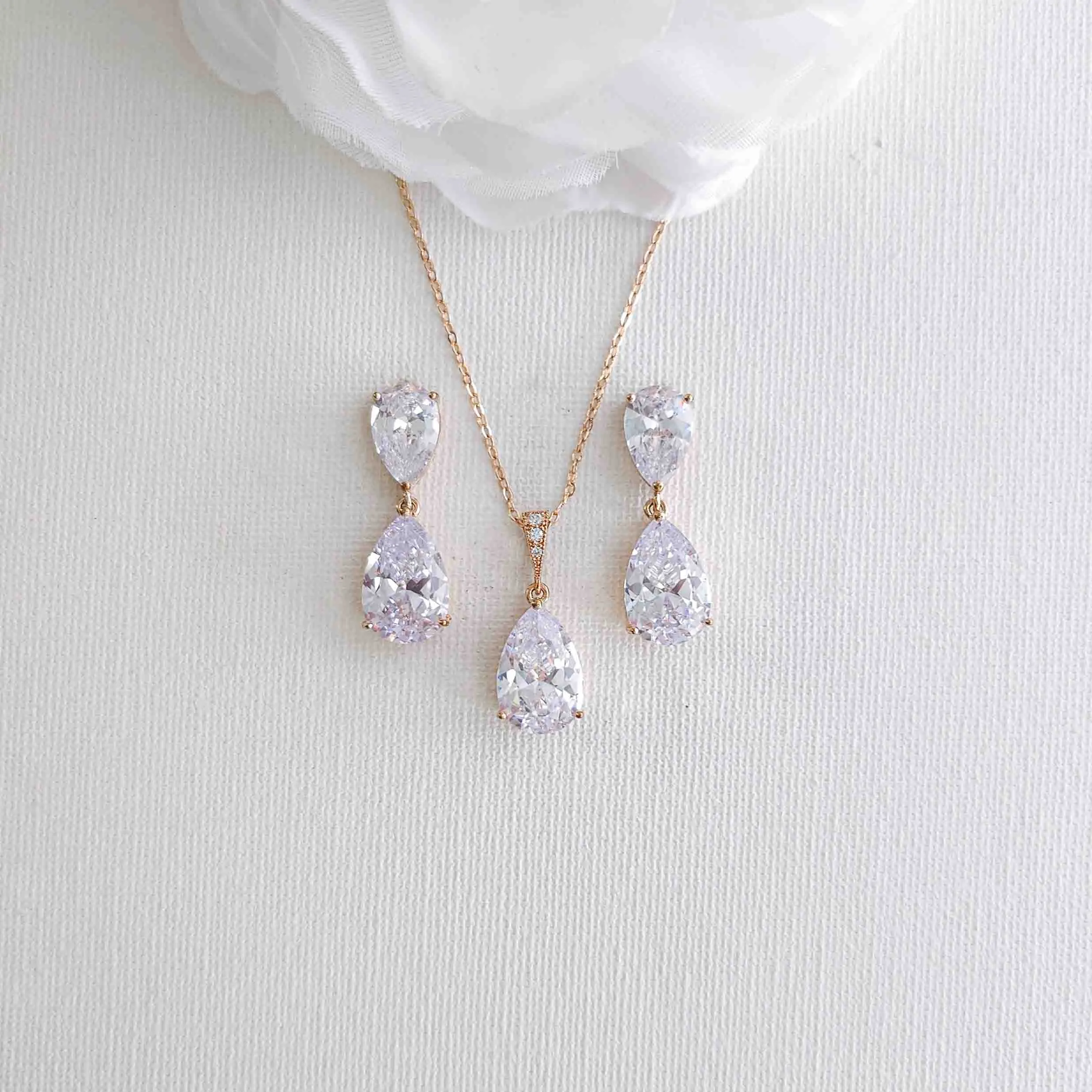 Teardrop Cubic Zirconia Wedding Jewelry Set in Rose Gold- Clara