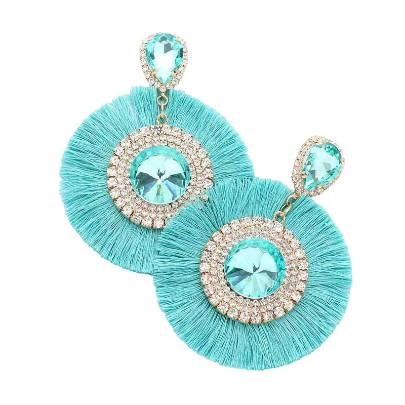 Teardrop Round Stone Accented Tassel Fringe Dangle Earrings