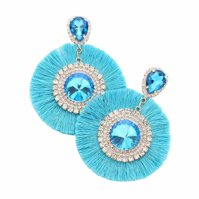 Teardrop Round Stone Accented Tassel Fringe Dangle Earrings