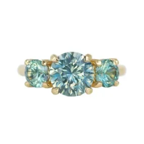 Three Stone Montana Sapphire Ring with 2.10ct Teal Color-Changing Center Stone in 14k Yellow Gold