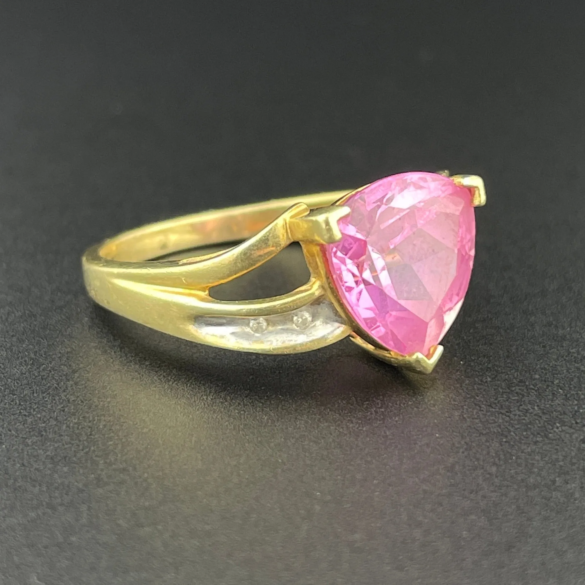 Vintage 10K Trillion Cut Pink Sapphire Diamond Ring, Sz 6 1/2