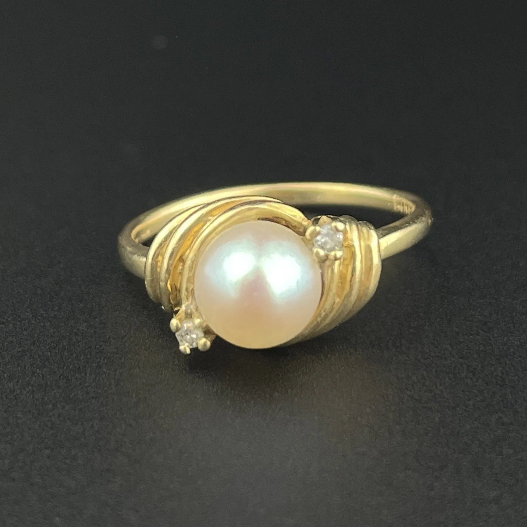 Vintage 14K Gold Diamond Pearl Solitaire Ring, Sz 4 1/2