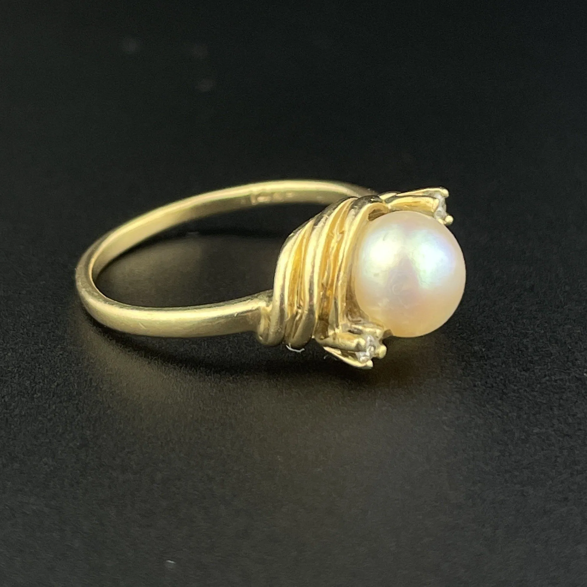 Vintage 14K Gold Diamond Pearl Solitaire Ring, Sz 4 1/2