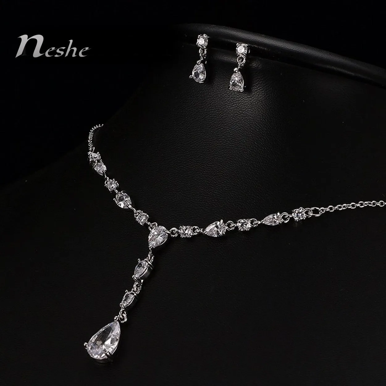 White CZ Crystal Water Drop Luxury Necklace Set