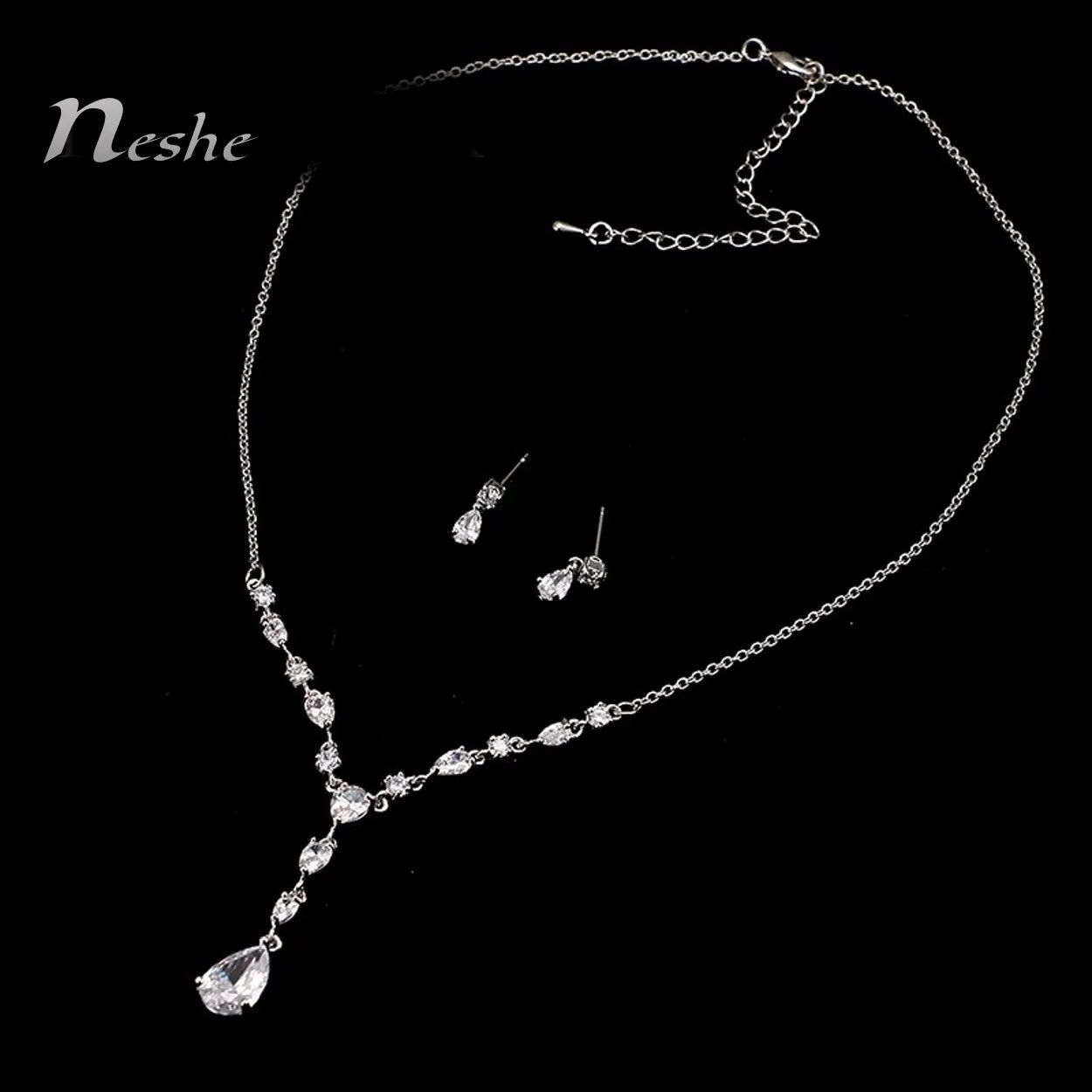 White CZ Crystal Water Drop Luxury Necklace Set