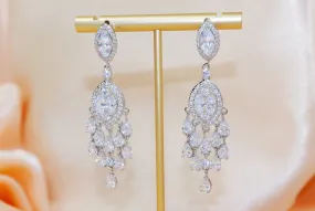 White Gold Plated Chandelier Drop Crystal/Diamond Earrings, Long Bridal Jewelry, Crystal Bridal Earrings, Statement Earrings Cz