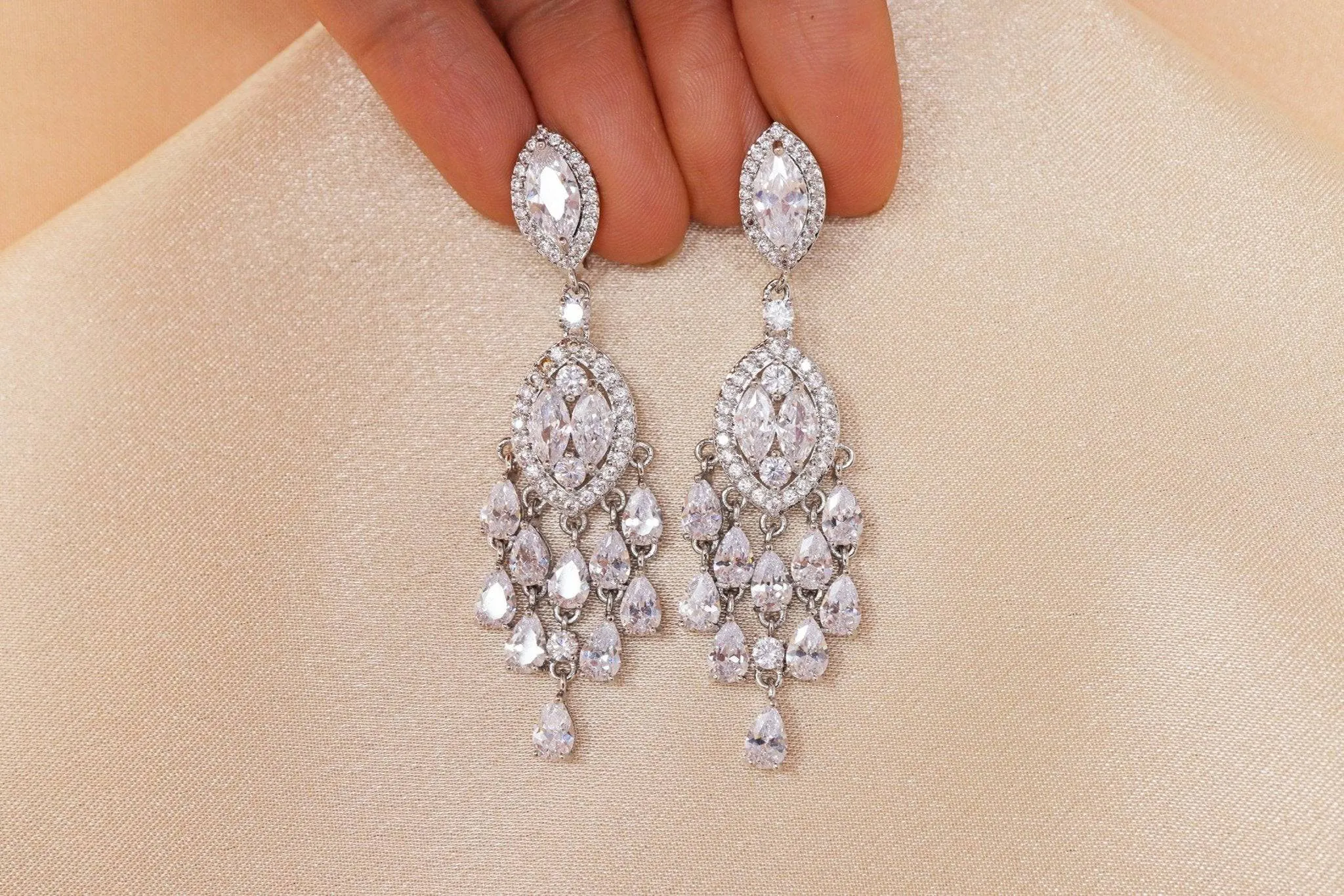 White Gold Plated Chandelier Drop Crystal/Diamond Earrings, Long Bridal Jewelry, Crystal Bridal Earrings, Statement Earrings Cz