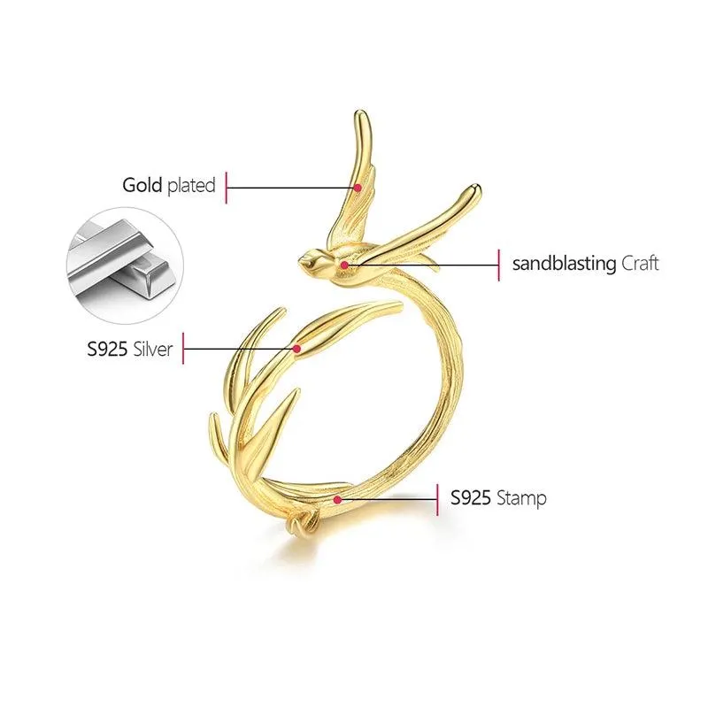 Willow Bird Charm Finger Ring LFJD0159: 925 Sterling Silver Jewelry