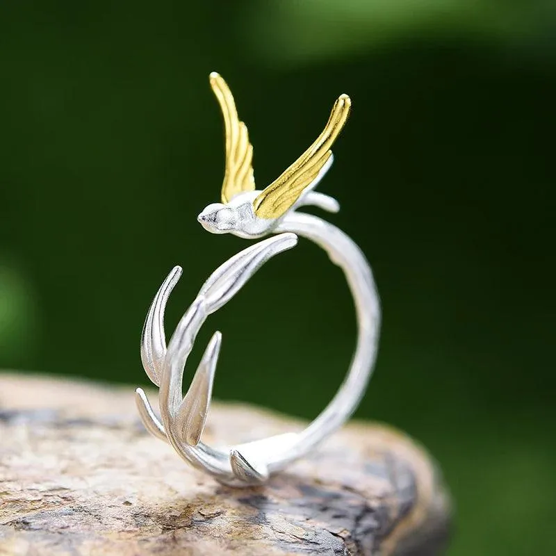 Willow Bird Charm Finger Ring LFJD0159: 925 Sterling Silver Jewelry