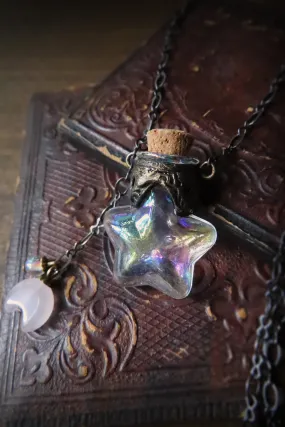 Wish Upon a Star ~ Iridescent Glass Vessel Amulet with Rose Quartz Crescent Moon